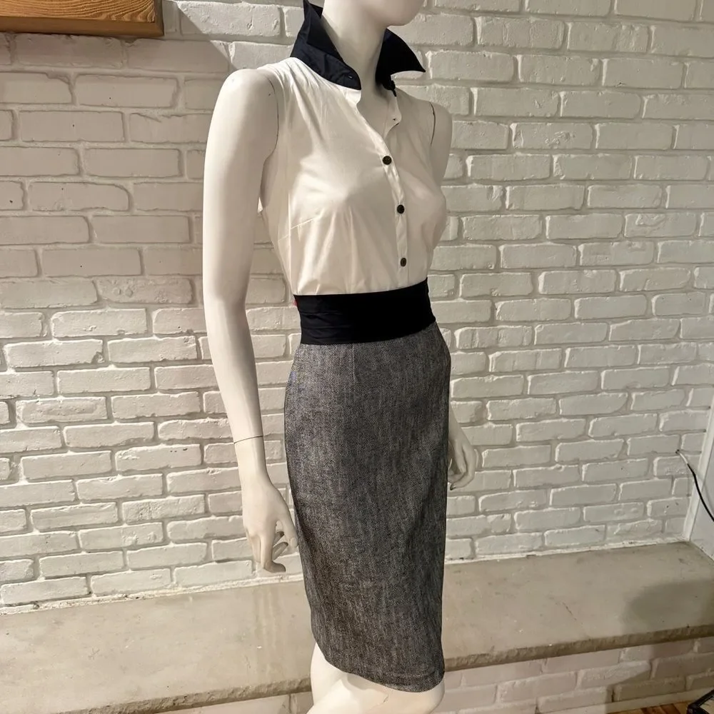 Black White Colorblock Sheath Dress Sleeveless Collared Pencil Dress Work Office